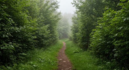 Obraz premium Soft Stillness Forest Trail Under Overcast Skies