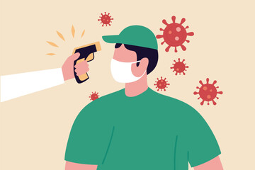 COVID-19 Coronavirus flu patient with high temperature fever concept, doctor holding infrared thermometer to measure body temperature at forehead result in high temperature fever with virus pathogens