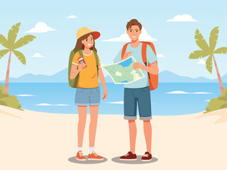 Happy tourist with Large travel bag luggage for travel and exploring the beach. The lovers holding map and passport, smiling. Summer vacation and tropical travel concept illustration.