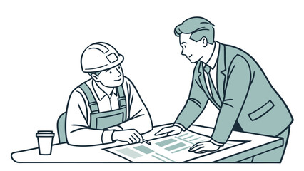 A construction worker and a manager reviewing blueprints on a table with a coffee cup present together