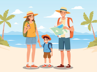 Happy family with backpacks to travel and exploring the beach. Parents holding map and passport, child smiling on the trip. Summer vacation and tropical travel concept illustration.