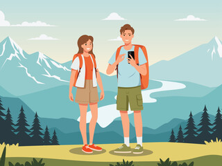 Happy tourist with Large travel bag luggage for travel and exploring the beach. The lovers holding map and passport, smiling. Summer vacation and tropical travel concept illustration.