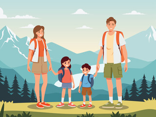 Happy family with backpacks to travel and exploring the beach. Parents holding map and passport, child smiling on the trip. Summer vacation and tropical travel concept illustration.