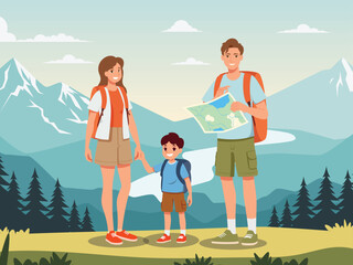 Happy tourist with Large travel bag pack for travel and exploring the beach. The lovers holding map and passport, smiling. Summer vacation and tropical travel concept illustration.