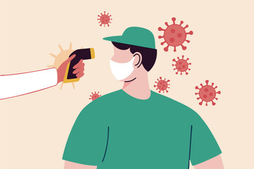 COVID-19 Coronavirus flu patient with high temperature fever concept, doctor holding infrared thermometer to measure body temperature at forehead result in high temperature fever with virus pathogens