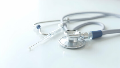 Medical Stethoscope and Syringe on White Surface Health Concept