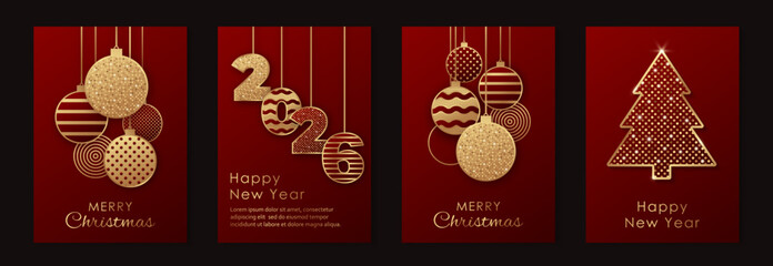 Merry Christmas and Happy New Year greeting card templates with golden glittering balls and fir-tree on a red background.