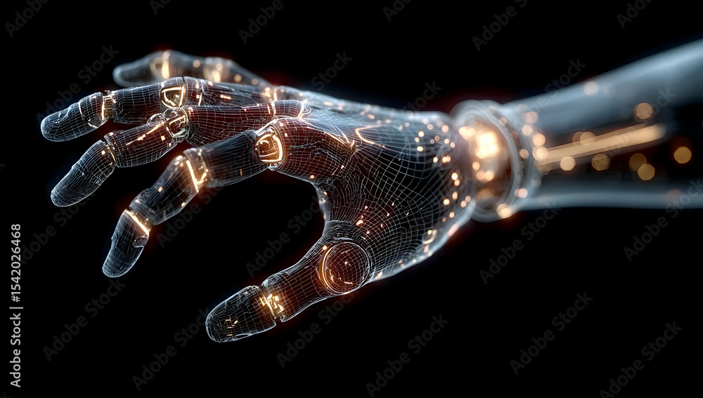 Poster futuristic robotic hand with glowing circuits and intricate designs, symbolizing innovation and adva