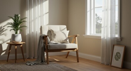 A cozy indoor corner near a large window where diffused overcast light softly illuminates a wooden chair