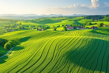 Fototapeta premium Scenic rural landscape with rolling hills and fields.