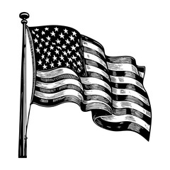 America flag waving engraving sketch engraving black and white outline. Scratch board imitation.  illustrated in vintage line art style on a white background.