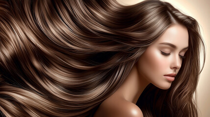 Obraz premium Woman with Luxurious Flowing Brown Hair Demonstrating Beauty 