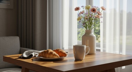 Fototapeta premium A cozy breakfast setup on a wooden table beside a large window with sheer curtains