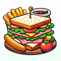 A stylized cartoon sandwich with fries sauce sausage  tomato on a round wooden board