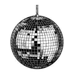 Fototapeta premium Disco ball sketch engraving black and white outline. Scratch board imitation. illustrated in vintage line art style on a white background.