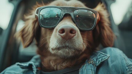 A cool dog wearing oversized sunglasses and a denim jacket, embodying a fun and playful personality that appeals to pet lovers and fashion enthusiasts alike.