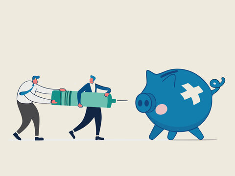 Economic stimulus, QE Quantitative Easing, monetary policy in economic in financial crisis or economic recession, Businessman central bank carrying syringe of money medicine to inject broke piggy bank