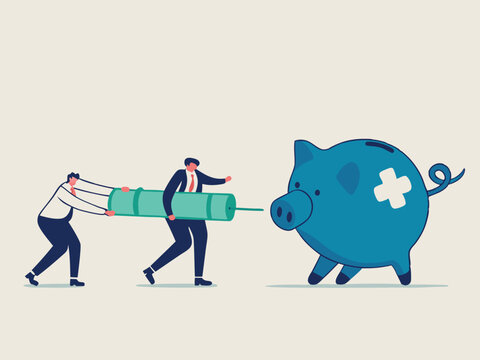 Economic stimulus, QE Quantitative Easing, monetary policy in economic in financial crisis or economic recession, Businessman central bank carrying syringe of money medicine to inject broke piggy bank