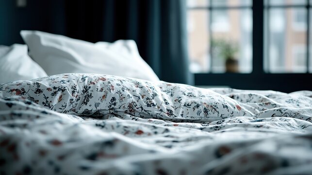 A serene close-up of a cozy bed adorned with a floral printed pillow and sheets, inviting relaxation and comfort in a peaceful bedroom setting.