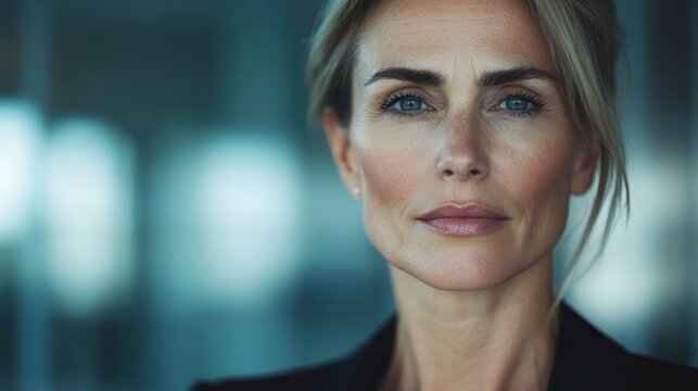 A poised and confident mature woman presents a powerful expression, showcasing her wisdom and strength through her piercing gaze amidst a softly blurred background.