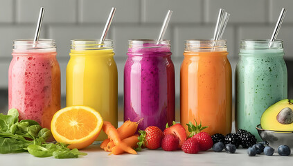 Vibrant smoothie jars lined up, showcasing a rainbow of flavors and fresh ingredients, perfect for a healthy lifestyle.