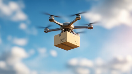 A drone hovers with a cardboard box, symbolizing modern automated delivery or future logistics