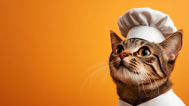 A charming cat dressed as a chef adds a whimsical touch to the culinary world, smiling at the camera as it portrays an amusing interpretation of cooking.