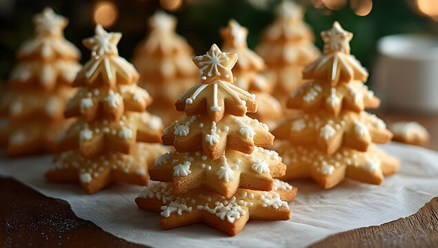 Delicious Christmas tree-shaped cookies elegantly decorated for the festive season, perfect for holiday celebrations and baking joy.