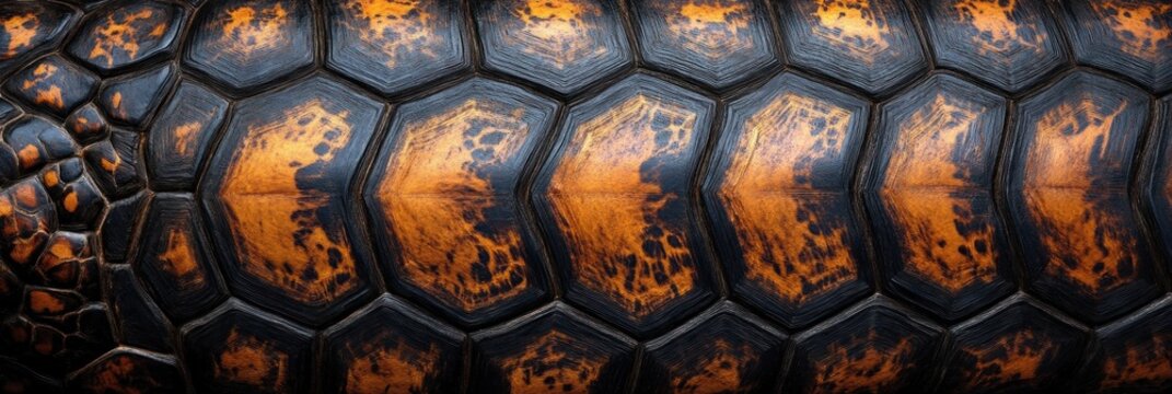 Turtle shell texture with copy space. Close-up turtle pattern. Reptile shell design. Turtle scales. Realistic turtle shell. Turtle design texture. Detailed turtle shell close-up. Wild Animal texture.