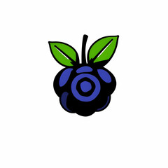 A stylized dark blue berry with green leaves is depicted on a plain white background