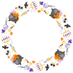 Hand drawn frame of cauldrons and poison and candles and bats for paper plates. Design for Halloween.