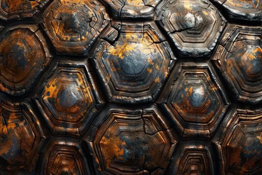 Turtle shell texture with copy space. Close-up turtle pattern. Reptile shell design. Turtle scales. Realistic turtle shell. Turtle design texture. Detailed turtle shell close-up. Wild Animal texture.