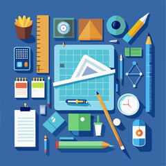 Work Desk with Blueprints, Pencils, and Rulers for Design Planning, Creative Drafting, Engineering Concepts, and Professional Workspace Illustrations