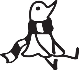Cheerful Cartoon Bird in Winter Apparel: A charming black and white cartoon depiction of a cute bird, adorned in a warm scarf and exuding joy.