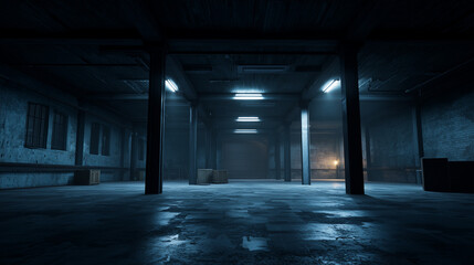 A vast, abandoned warehouse interior is depicted with a dark and moody atmosphere, illuminated by a cool blue fluorescent light