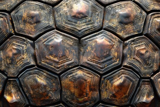 Turtle shell texture with copy space. Close-up turtle pattern. Reptile shell design. Turtle scales. Realistic turtle shell. Turtle design texture. Detailed turtle shell close-up. Wild Animal texture.