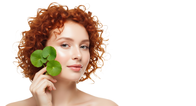 Redhead Woman Holding Centella Asiatica Leaves to Her Face on Transparent Background