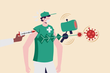 Coronavirus COVID-19 vaccine research and test or treatment concept, doctor holding syringe of COVID-19 vaccine planting on patient with magic hand holding hammer eliminating virus pathogen.