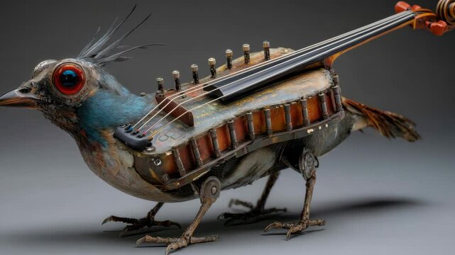 A bird with a mohawk, made of metal and wood, with violin parts including strings and tuning pegs, with bright red eyes and feathers, standing on clawed feet