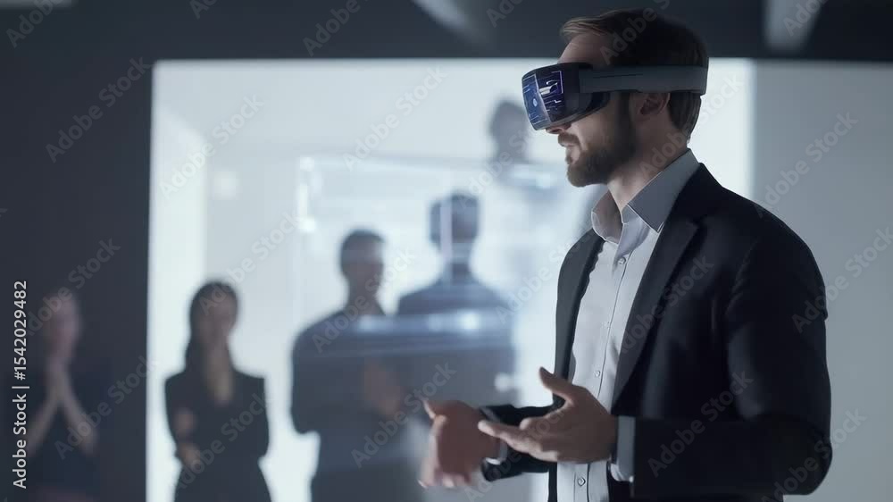 Aufkleber man wearing virtual reality headset exploring digital interface and presenting immersive technology 