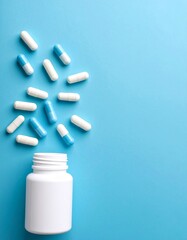 Medicine pills capsule spilling out of bottle on blue background