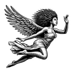 flying angel engraving black and white outline. Scratch board imitation.