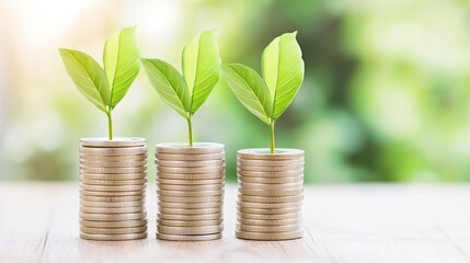 Growing Investments Concept with Stacked Coins and Green Seedlings Outdoors