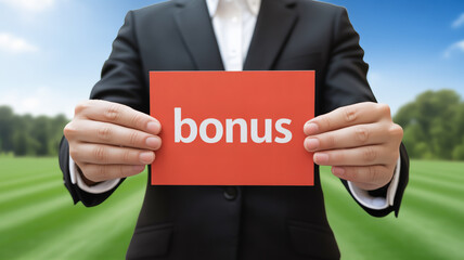 A professional business photograph showing hands holding a bright red rectangular card with white text BONUS centered on it.