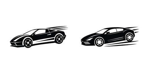 Fototapeta premium Simple portrayal of a fast sports car gliding along highway Silhouette on White Background 