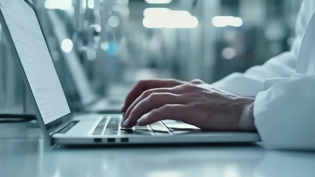 Typing on laptop keyboard with focused hands in laboratory and modern workspace, technology driven computer typing for professional environment