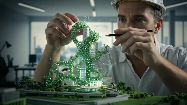 Man architect working on green modern building model with glowing, growing ivy. Sustainable architecture and urban planning concept.