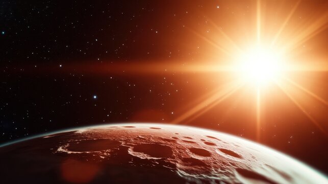 This breathtaking image showcases the Martian surface illuminated by the sun, highlighting its craters while deep space sparkles in a stunning display of beauty and wonder.