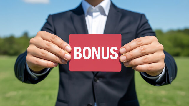 A professional business photograph showing hands holding a bright red rectangular card with white text BONUS centered on it.
