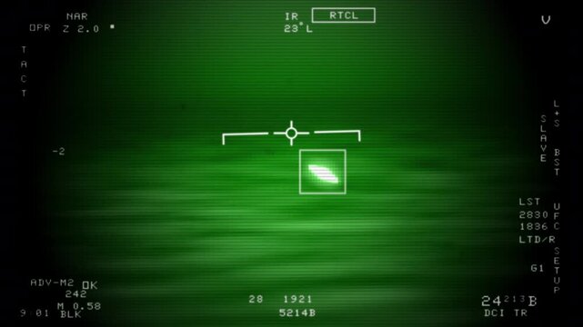 Night vision view from military aircraft following a UFO flying around in sky. Green infrared view in a found footage archive style video taken from Navy jet tracking an unidentified object at night